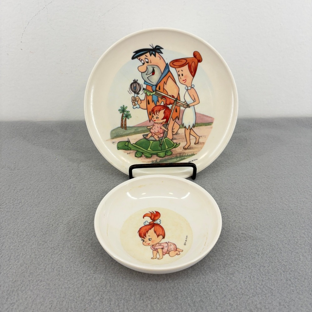 Vintage Melmac Flintstones Plate Bowl Set Boonton Molding Hanna-Barbera 8203-7